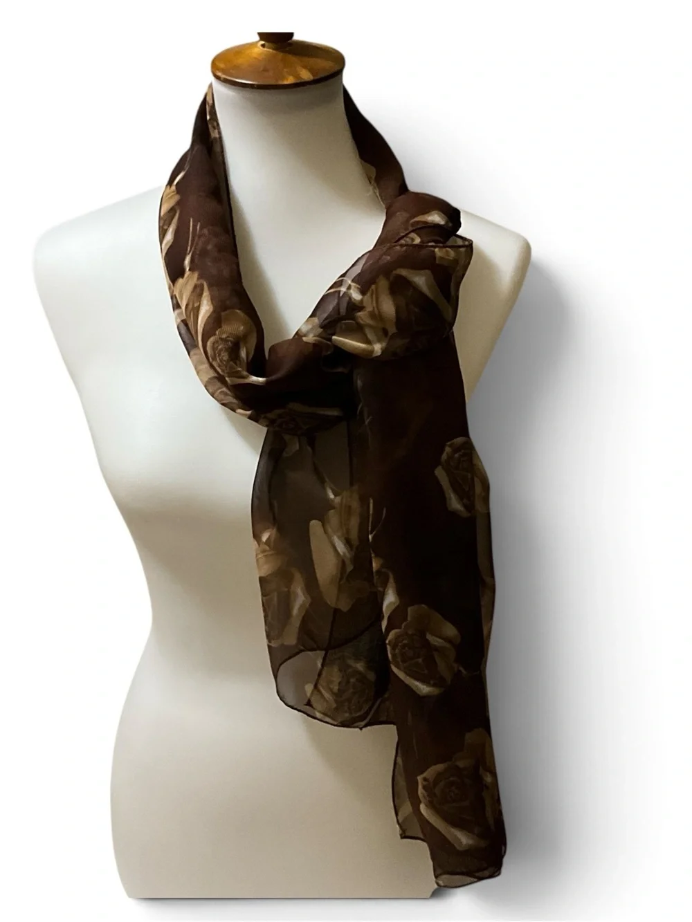 Vintage Sheer Brown Rose Scarf Long Floral Oblong Made in Korea